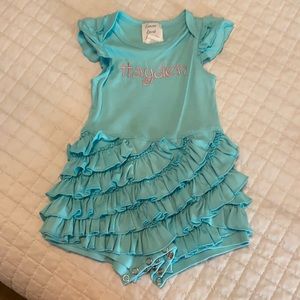 Turquoise onesie monogrammed “Hayden”